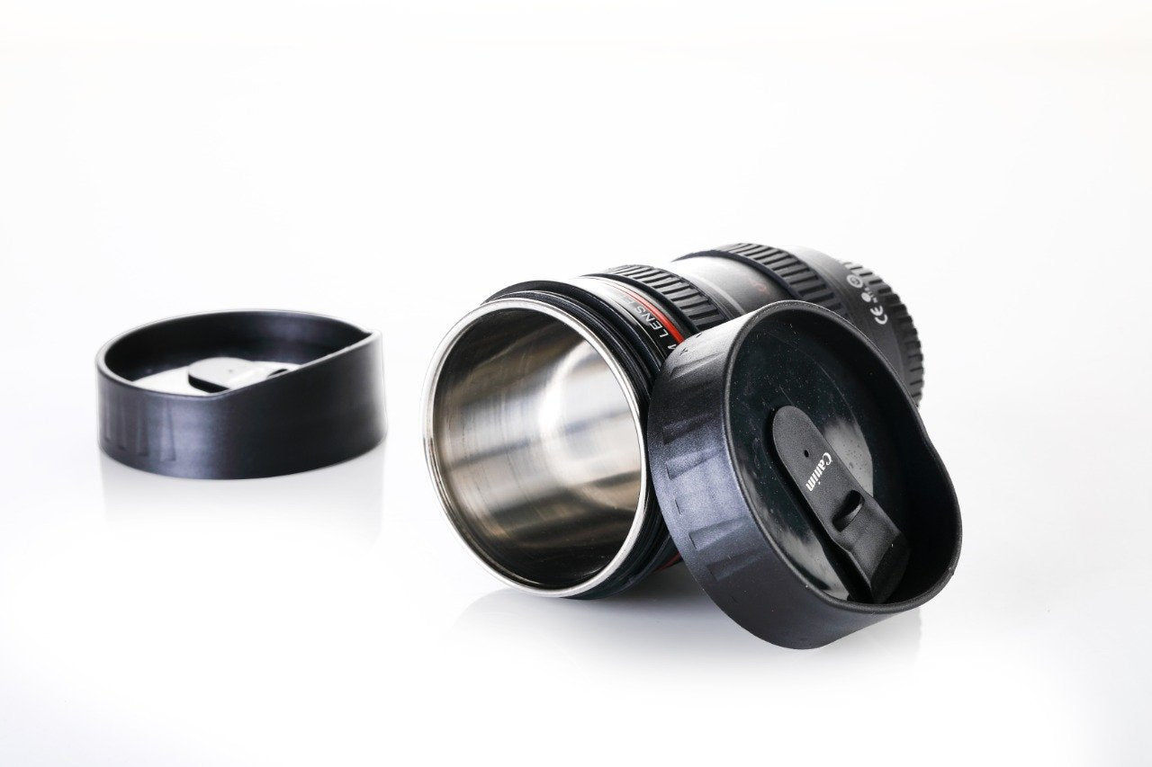 Camera Lens Shaped Coffee Mug Flask with Lid – Unique Photography Themed Travel Mug for Coffee Lovers & Photographers