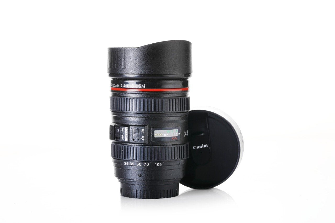 Camera Lens Shaped Coffee Mug Flask with Lid – Unique Photography Themed Travel Mug for Coffee Lovers & Photographers