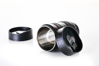 Camera Lens Shaped Coffee Mug Flask with Lid – Unique Photography Themed Travel Mug for Coffee Lovers & Photographers