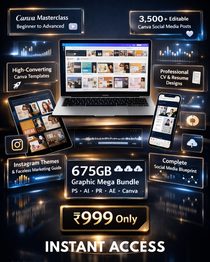 Promotional graphic of a graphic design bundle with laptop, phone, and tablet on a dark background.