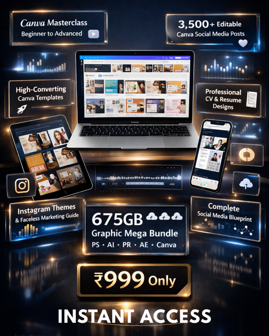 Promotional graphic of a graphic design bundle with laptop, phone, and tablet on a dark background.